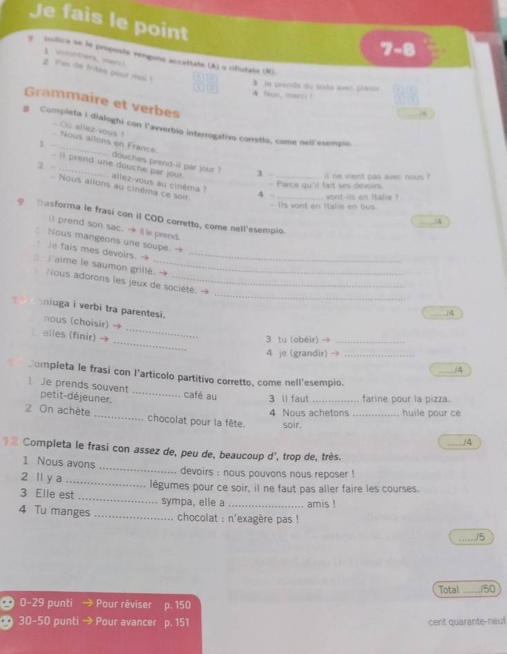 Je fais le point
7-8
γ índica se le proposte vengono accettate (A) o riflutate (R)
1  Volontiers, merci
2 Pas de frites pour moi  !
3 le prenda du soda even plamir
A Non, marci !
Grammaire et verbes
8 Completa i dialoghi con l'avverbio interrogativo corretto, come nell'esempio
-` Ou allez-vous ?
1 - 
Nous allons en France. douches prend-il par jour ? 3 il ne vient pas avec nous ?
2 -
II prend une douche par jour. allez-vous au cinéma ? 4 __vont-ils en Italle ?
- Parce qu'il fait ses devoirs
Nous allons au cinéma ce soir
- Its vont en Italie en bus.
frasforma le frasi con il COD corretto, come nell'esempio.
_/4
I prend son sac. → I e prend.
Nous mangeons une soupe. -
e fais mes devoirs. →_
J'aime le saumon grillé._
_
Nous adorons les jeux de société.
niuga i verbi tra parentesi.
_j4
_
nous (choisir)
_
elles (finir) →
3 tu (obèir) →_
4 je (grandir)_
_/4
Completa le frasi con l’articolo partitivo corretto, come nell'esempio.
Je prends souvent _café au 3 ll faut _farine pour la pizza.
petit-déjeuner.
4 Nous achetons _huile pour ce
2 On achète _chocolat pour la fête. soir.
_./4
12 Completa le frasi con assez de, peu de, beaucoup d’, trop de, très.
_
1 Nous avons
devoirs : nous pouvons nous reposer !
2 ll y a _légumes pour ce soir, il ne faut pas aller faire les courses.
3 Elle est _sympa, elle a_
amis !
4 Tu manges _ chocolat : n'exagère pas !
_/5
Total _/50
0-29 punti Pour rêviser p. 150
30-50 punti → Pour avancer p. 151 cent quarante-neuf