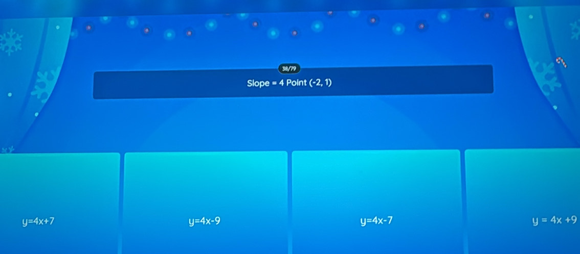 Slope oin (-2,1)
y=4x+7
y=4x-9
y=4x-7
y=4x+9