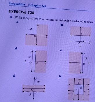 Inequalities (Chapter 32) 
EXERCISE 32B 
1 Write inequalities to represent the following unshaded regions, 
a
y b 
R
x
d 
. 
g 
h