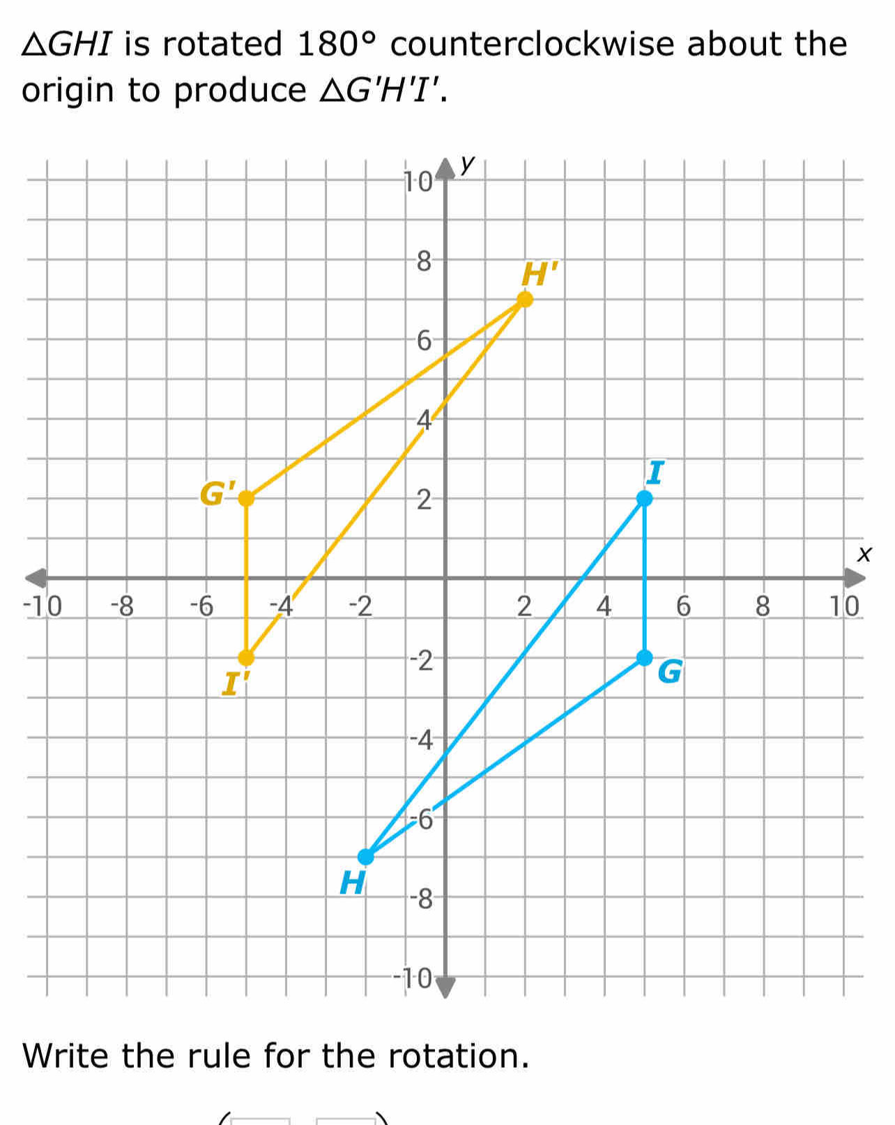 △ GHI is rotated 180° counterclockwise about the
origin to produce △ G'H'I'.
-10
Write the rule for the rotation.