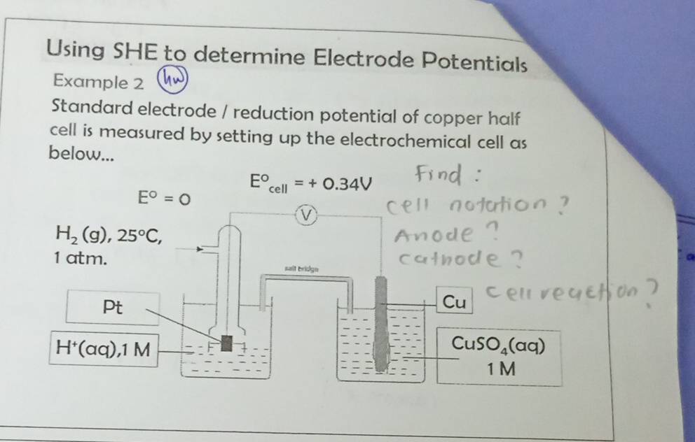 Using SHE to determine Electrode Potentials
Example 2
Standard electrode / reduction potential of copper half
cell is measured by setting up the electrochemical cell as
below...
a