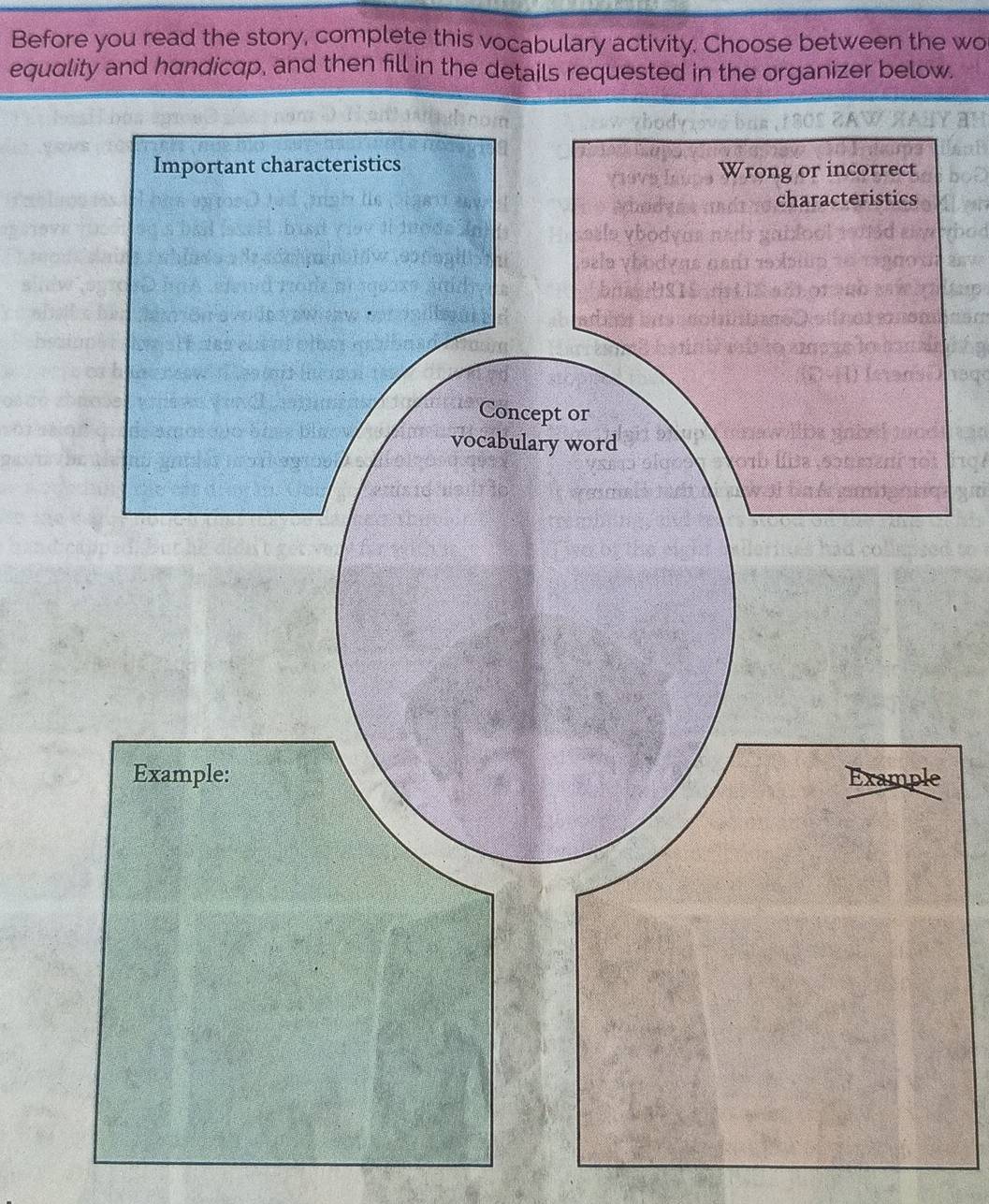 Before you read the story, complete this vocabulary activity. Choose between the wo 
equality and handicqp, and then fill in the details requested in the organizer below. 
e