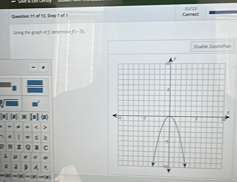 15/22
Question 11 of 13, Step 1 of 1 Correct
Using the graph of f, determine f(-3).
Enable Zoom/Pan
2 
1
I