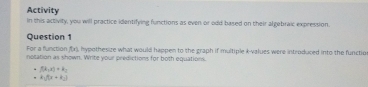 Activity 
in this activity, you will practice identifying functions as even or odd based on their algebraic expression. 
Question 1 
For a function f(r), hypothesize what would happen to the graph if multiple k -values were introduced into the functio 
notation as shown. Write your predictions for both equations
f(k,x)+k=
k_1f(x+k_2)