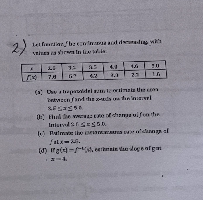 Let function f be continuous and decreasing, with
values as shown in the table:
(a) Use a trapezoidal sum to estimate the area
between fand the x-axis on the interval
2.5≤ x≤ 5.0.
(b) Find the average rate of change of f on the
interval 2.5≤ x≤ 5.0.
(c) Estimate the instantaneous rate of change of
fat x=2.5.
(d) If g(x)=f^(-1)(x) , estimate the slope of g at
x=4.