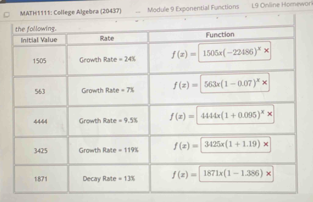 MATH1111: College Algebra (20437) . Module 9 Exponential Functions L9 Online Homewor