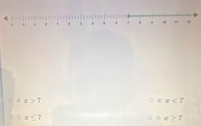 Ax>7
8. x<7</tex>
C. x≤ 7 x≥ 7
D