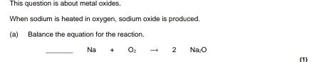 This question is about metal oxides. 
When sodium is heated in oxygen, sodium oxide is produced. 
(a) Balance the equation for the reaction. 
_ Na O_2 2 Na_2O
(1)