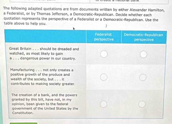 Crçate a naugnar dank 
The following adapted quotations are from documents written by either Alexander Hamilton, 
a Federalist, or by Thomas Jefferson, a Democratic-Republican. Decide whether each 
quotation represents the perspective of a Federalist or a Democratic-Republican. Use the 
table above to help you.