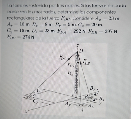 La torre es sostenida por tres cables. Si las fuerzas en cada
cable son las mostradas, determine las componentes
rectangulares de la fuerza F_DC. Considere A_x=23m
A_y=18m.B_x=8m.B_y=5m.C_x=20m.
C_y=16m.D_z=23m.F_DA=292N.F_DB=297N,
F_DC=274N