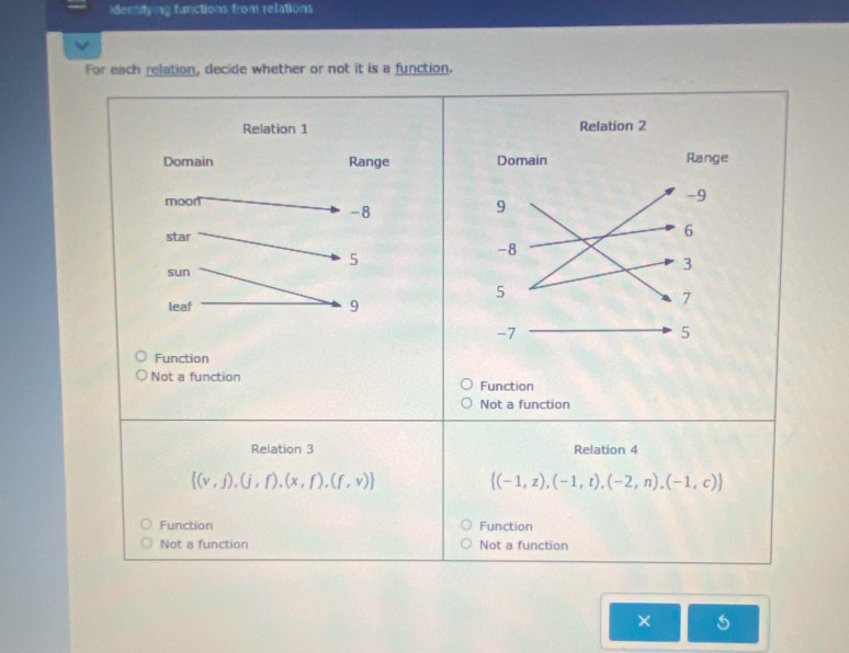 dentifying functions from relations
For each relation, decide whether or not it is a function.

Function
Not a function Function
Not a function
Relation 3 Relation 4
 (v,j),(j,f),(x,f),(f,v)
 (-1,z),(-1,t),(-2,n),(-1,c)
Function Function
Not a function Not a function
×