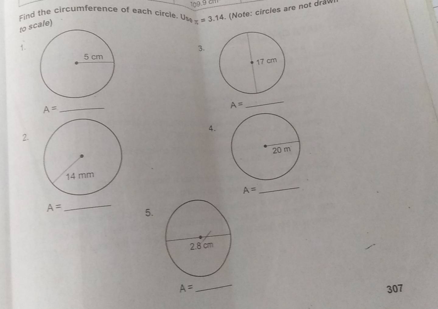 09.9cm
Find the circumference of each circle. Use π =3.14. (Note: circles are not draw 
to scale) 
1. 
3.
A=
_
A=
_ 
4. 
2.
A=
_
A=
_ 
5. 
_
A= 307