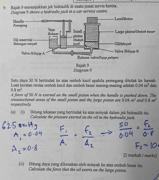 Rajah 9 menunjukkan jek hidraulik di suatu pusat servis kereta. 
Diagram 9 shows a hydraulic jack in a car service centre. 
Satu daya 50 N bertindak ke atas omboh kecil apabila pemegang ditolak ke bawah. 
Luas keratan rentas omboh kecil dan omboh besar masing-masing adalah 0.04m^2 dan
0.8m^2. 
A force of 50 N is exerted on the small piston when the handle is pushed down. The 
crosssectional areas of the small piston and the large piston are 0.04m^2 and 0.8m^2
respectively. 
(a) (i) Hitung tekanan yang bertindak ke atas minyak dalam jek hidraulik itu. 
Calculate the pressure exerted on the oil in the hydraulic jack. 
[2 markah / marks] 
(ii) Hitung daya yang dikenakan oleh minyak ke atas omboh besar itu. 
Calculate the force that the oil exerts on the large piston.