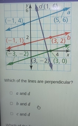 Which of the lines are perpendicular?
q and d
b and d
c and d
Which of