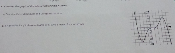 Consider the graph of the folynomial function ∫ shown. 
a. Describe the end behavior of f using limit notation. 
b. Is it possible for to have a degree of $? Give a reason for your answer.