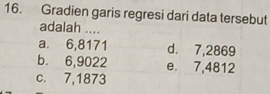 Gradien garis regresi dari data tersebut
adalah ....
a. 6,8171 d. 7,2869
b. 6,9022 e. 7,4812
c. 7, 1873