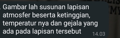 Gambar lah susunan lapisan 
atmosfer beserta ketinggian, MY 
temperatur nya dan gejala yang 
ada pada lapisan tersebut 14.03