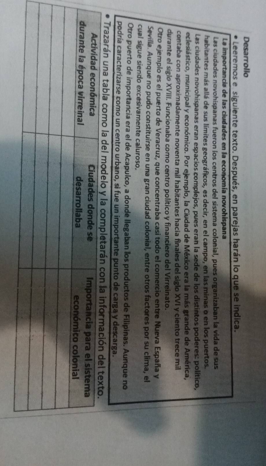 Desarrollo
Leeremos e siguiente texto. Después, en parejas harán lo que se indica.
La importancia de las ciudades en la economía novohispana
Las ciudades novohispanas fueron los centros del sistema colonial, pues organizaban la vida de sus
habitantes más allá de sus límites geográficos, es decir, en el campo, en las minas o en los puertos.
Las ciudades novohispanas eran espacios complejos, pues eran la sede de los distintos poderes: político,
eclesiástico, municipal y económico. Por ejemplo, la Ciudad de México era la más grande de América,
contaba con aproximadamente noventa mil habitantes hacia finales del siglo XVI y ciento trece mil
durante el siglo XVIII. Funcionaba como centro político y financiero del Virreinato.
Otro ejemplo es el puerto de Veracruz, que concentraba casi todo el comercio entre Nueva España y
Sevilla. Aunque no pudo constituirse en una gran ciudad colonial, entre otros factores por su clima, el
cual sigue siendo excesivamente caluroso.
Otro puerto de importancia era el de Acapulco, a donde llegaban los productos de Filipinas. Aunque no
podría caracterizarse como un centro urbano, si fue un importante punto de carga y descarga.
Trazarán una tabla como la del mode