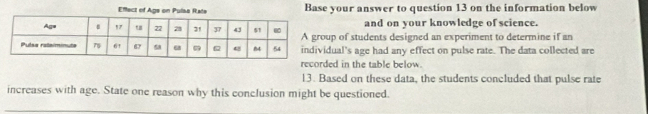 your answer to question 13 on the information below 
and on your knowledge of science. 
p of students designed an experiment to determine if an 
dual's age had any effect on pulse rate. The data collected are 
recorded in the table below. 
13. Based on these data, the students concluded that pulse rate 
increases with age. State one reason why this conclusion might be questioned.