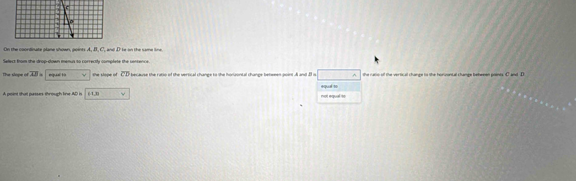 On the coordinate plane shown, points A, B, C, and D lie on the same line. 
The slope of overline AB equal to √ the slope of overline CD because the ratio of the vertical change to the horizontal change between point A and B is ^ the ratio of the vertical change to the horizontal change between points. C and D
equal to 
A point that passes through line AD is (-1,3) ν not equal to