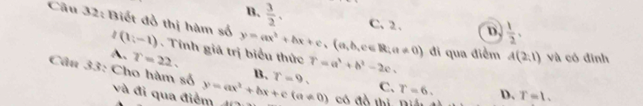 B.  3/2 .
C. 2 .
D,  1/2 , 
Câu 32: Biết đồ thị hàm số y=ax^2+bx+c,(a,b,c∈ R;a!= 0) đi qua điểm A(2,1) và có đinh
I(1;-1). Tỉnh giả trị biểu thức r=a^3+b^2-2c.
A. T=22. 
Câu 33: Cho hàm số y=ax^2+bx+c(a!= 0) r=9. 
B.
C、 T=6. D. T=1. 
và đỉ qua điểm A
có đồ thị Diái