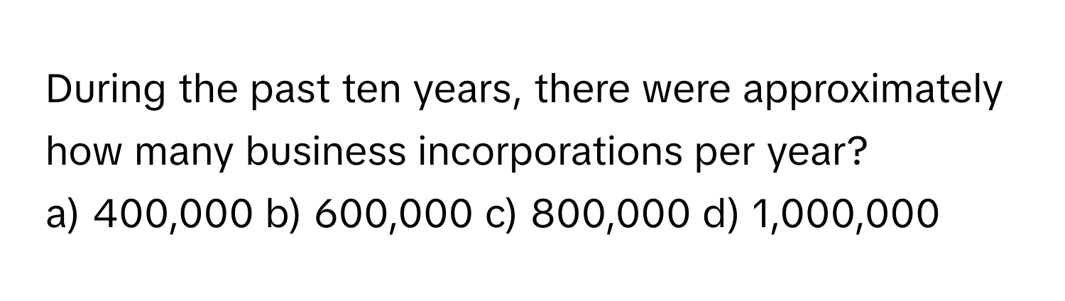 During the past ten years, there were approximately how many business incorporations per year?

a) 400,000 b) 600,000 c) 800,000 d) 1,000,000