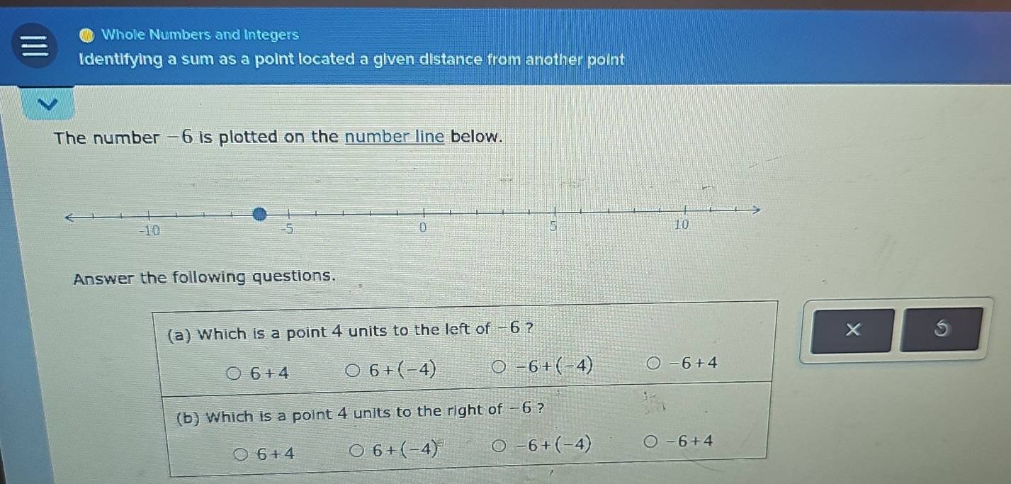 Whole Numbers and Integers
Identifying a sum as a point located a given distance from another point
The number -6 is plotted on the number line below.
Answer the following questions.
(a) Which is a point 4 units to the left of -6 ?
5
6+4
6+(-4)
-6+(-4)
-6+4
(b) Which is a point 4 units to the right of -6 ?
6+4 6+(-4)^□  -6+(-4) -6+4