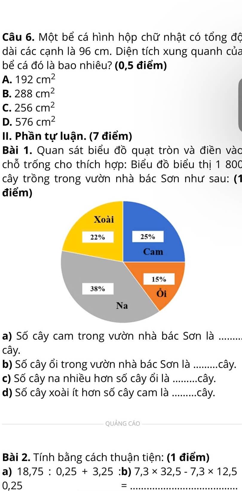 Một bể cá hình hộp chữ nhật có tổng độ
dài các cạnh là 96 cm. Diện tích xung quanh của
bể cá đó là bao nhiêu? (0,5 điểm)
A. 192cm^2
B. 288cm^2
C. 256cm^2
D. 576cm^2
II. Phần tự luận. (7 điểm)
Bài 1. Quan sát biểu đồ quạt tròn và điền vào
chỗ trống cho thích hợp: Biểu đồ biểu thị 1 800
cây trồng trong vườn nhà bác Sơn như sau: (1
điểm)
a) Số cây cam trong vườn nhà bác Sơn là_
cây.
b) Số cây ổi trong vườn nhà bác Sơn là ..........cây.
c) Số cây na nhiều hơn số cây ổi là _.cây.
d) Số cây xoài ít hơn số cây cam là cây.
_QUẢNG CÁO_
Bài 2. Tính bằng cách thuận tiện: (1 điểm)
a) 18,75:0,25+3,25 :b) 7,3* 32,5-7, 3* 12,5
0,25 = _