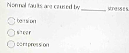 Normal faults are caused by _stresses.
tension
shear
compression