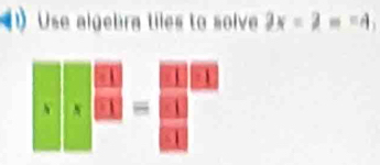 Use algebra tiles to solve 2x=2==4, 
: 1
Y 1 1
- 1