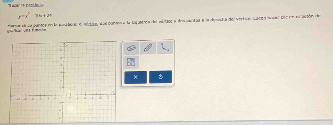 Trazar la parábola.
y=x^2-10x+24
Marcar cinco puntos en la parábola: el vértice, dos puntos a la izquierda del vértice y dos puntos a la derecha del vértice. Luego hacer clic en el botón de 
graficar una función. 
5