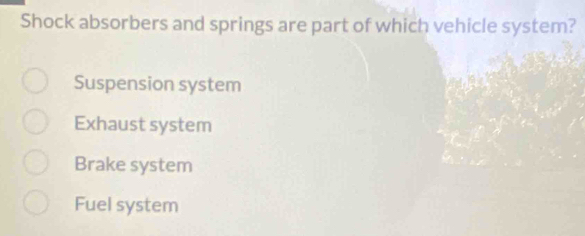 Shock absorbers and springs are part of which vehicle system?
Suspension system
Exhaust system
Brake system
Fuel system