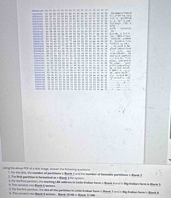 088am5.()-00 01 02 33 04 05 04 07 04 05 10 61 12 13 14 15
03000000 5F C7 C2 42 82 5t Ae 43 94 4 an 13 A2 34 4A 22 ,&easho =△ ?^2+8$.∴ t
00000014 63 10 91 1C D9 23 BA DC 97 46 A7 10 60 39 42 35 Y(-,)=80· 759,8,70
00000032 84 97 05 92 19 89 1D B4 13 P1 30 09 57 99 40 AE t=1°,3,^circ △ t
0000034) P3 12 05 22 0D 10 20 70 B0 AD 50 10 38 7P 42 34 θ =4x=+6D°+P_1(93
00000064 35 33 P2 ED 52 72 7 A4 10 26 B2 D4 02 OP 91 2E □ )△  P,3°)+(_ +1),-1
02600580 %2 11 C 24 20 20 20 20 20 20 30 10 20 20 20 26 n:1
00000096 31 %0 A +2 20 20 20 20 74 75 74 48 72 69 61 60 3w^23^-(8)
(00)0112 18 94 u8 r4 20 20 20 20 20 20 20 20 20 30 20 20 01
000128 51 45 Br 81 8m 8C x6 82 GA 57 a0 33 D7 aA 0A 30 C:4+9a_n,3a^(4,)+^4,0
00000141 5c r5 k3 15 27 2r aE E5 D5 0x r3 33 cm 70 r6 m4 1da.+/a1d,b=1,n
00001() 88 32 kA 10 35 r9 24 80 17 1e 71 3x ca (1 2) π3 2415410...e^(24.81)
000176 51 70 a0 10 C2 73 77 as a) 1a 38 lo aa (a 68 89 x)^urx+x_ =sqrt(2)c
5000192 t ra c9 40 cc kc 30 06 2c 72 e5 17 5a r0 er 74 m∠ SALE=2x-28∠ 1
0000300 3x a1 Cs D6 77 58 ±9 65 7； 25 13 89 01 c D≤ 1B C= x|4+6xi8,6,4.
1000284 x7 4x rr 67 35 7m xc 42 8w et 26 m2 30 5m rc □8 2x+1=4x+0 Iua
14 m3 12 83 2; 0m 18 r6 2r ;6 7C 8D 20 14 73 78 71 _ =_ 
“ 27 53 27 7 90 32 20 C3 44 CB 47 27 56 A0 65 =5 1(14)=(11+9)^2=_ 
79 07 B3 5B 17 E) 24 80 1D 08 74 48 D9 95 P5 76 △ Qx°+x)=7.4AFuparrow =5°
35 08 53 A7 44 70 38 78 DC 38 87 D4 CD 93 B1 66 I=ID,B=DI.,I^2+t^2,
04 21 75 53 70 71 06 10 62 31 23 39 95 73 05 54 35 T^2-4c-(b+1)+5(5)=8=8
56 70 15 37 20 %5 76 45 07 10 10 05 67 41 45 =5 178,-9/1m^2+...^circ glo7.7°
506 47 25 05 00 %0 52 61 1 13 M 61 01 66 64 65 27 θ =5°16' |a,b|eq
r=(4°s^4Ah-se^(alpha),
0.14a^-1-0.x^23^2-2^1
54 5 ' 85 05 13 47 27 65 70 64 9 64 83 40 17 18 10,344/m+(499.7)^k
00000103 26 cm 62 7x 10 rD x9 98 36 r6 C5 O8 AK Up Au kX =_ uv,∠ vv=do∠ en,1
00006116 2 6 =) 81 15 96 r8 63 23 % a0 7r 10 Al r0 71 x+1-4LP+......10
0o○112 36 9 0 0 ○ 0 0 ∞ 0 ∞ ○ ○ 9 0.1) ○
00000148 00 00 07 09 00 00 71 02 00 00 00 10 00 00 00 00
00000141 00 00 01 00 00 00 71 12 00 00 00 11 00 00 00 00
00000100 00 00 0 00 30 00 71 34 00 00 00 18 00 00 00 00
ED000156 00 00 83 00 00 00 74 6x 00 00 00 20 00 00 AA 35 ...1..
Using the above PDF of a disk image, answer the following questions:
1. For this disk, the number of partitions is Blank 1 and the number of bootable partitions is Blank 2
2. The first partition is formatted as a Blank 3 file system.
3. For the first partition, the starting LBA address in Little-Endian form is Blank 4 and in Big-Endian form is Blank 5.
4. This converts into Blank 6 sectors
5. For the first partition, the size of the partition In Little-Endian form is Blank 7 and in Big-Endian form is Blank 8
6. This converts into Blank 9 sectors , Blank 10 KB or Blank 11 MB