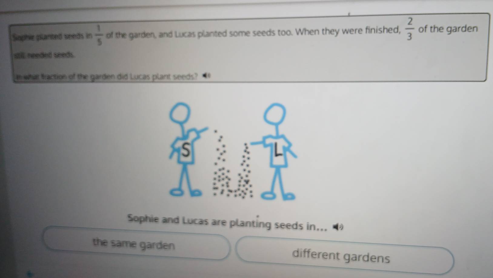 Sophie planted seeds in  1/5  of the garden, and Lucas pilanted some seeds too. When they were finished,  2/3  of the garden
still needed seeds.
n what fraction of the garden did Lucas plant seeds?
Sophie and Lucas are planting seeds in...
the same garden different gardens