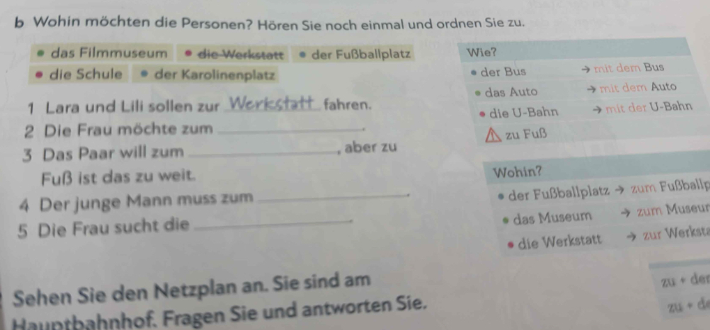 Wohin möchten die Personen? Hören Sie noch einmal und ordnen Sie zu.
das Filmmuseum die Werkstatt der Fußballplatz Wie?
die Schule der Karolinenplatz der Bus mit dem Bus
1 Lara und Lili sollen zur et fahren. das Auto mit dem Auto
2 Die Frau möchte zum __die U-Bahn mit der U-Bahn
.
zu Fuß
3 Das Paar will zum _, aber zu
Fuß ist das zu weit.
Wohin?
4 Der junge Mann muss zum_
der Fußballplatz zum Fußballp
5 Die Frau sucht die_
das Museum zum Museur
die Werkstatt zur Werksta
Sehen Sie den Netzplan an. Sie sind am
zu+der
Hauntbahnhof. Fragen Sie und antworten Sie.
zu+d