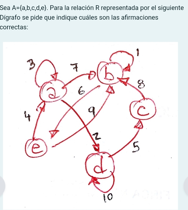 Sea A= a,b,c,d,e. Para la relación R representada por el siguiente 
Dígrafo se pide que indique cuáles son las afirmaciones 
correctas: