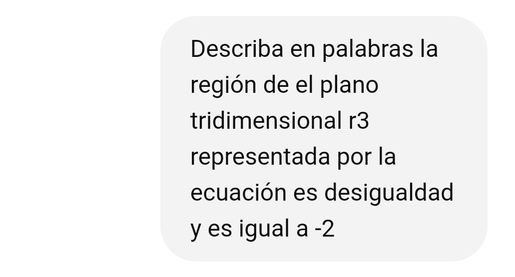 Describa en palabras la 
región de el plano 
tridimensional r3 
representada por la 
ecuación es desigualdad
y es igual a -2