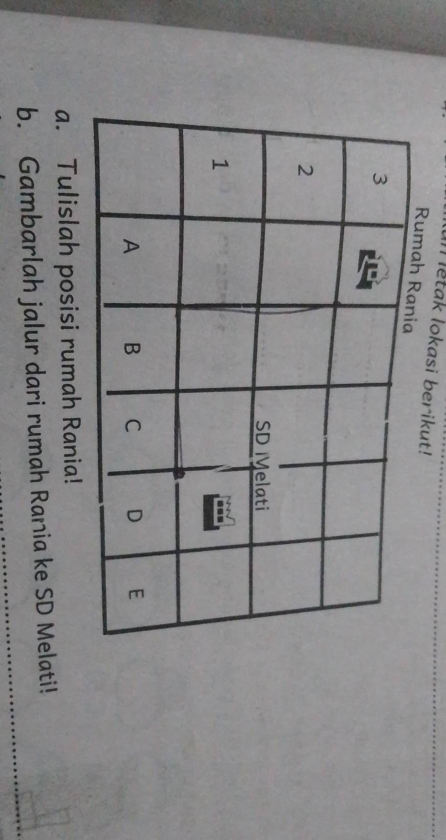 etak lokasi berikut! 
a. Tulislah posisi rumah Rania! 
b. Gambarlah jalur dari rumah Rania ke SD Melati!