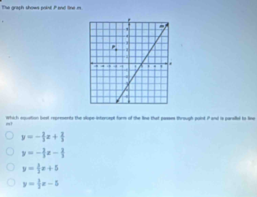 The graph shows point P and line m.
Which equation best represents the slope-intercept form of the line that passes through point P and is parallel to line
m?
y=- 2/3 x+ 2/3 
y=- 2/3 x- 2/3 
y= 3/2 x+5
y= 3/2 x-5