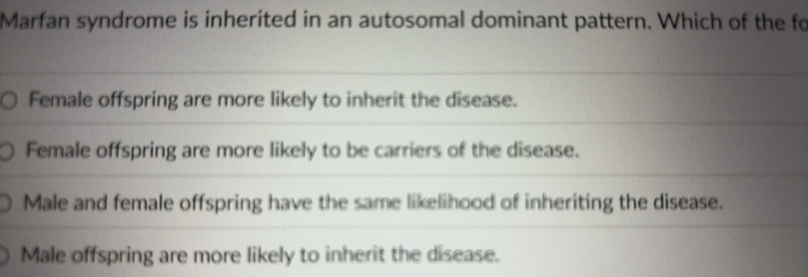 Solved: Marfan syndrome is inherited in an autosomal dominant pattern ...