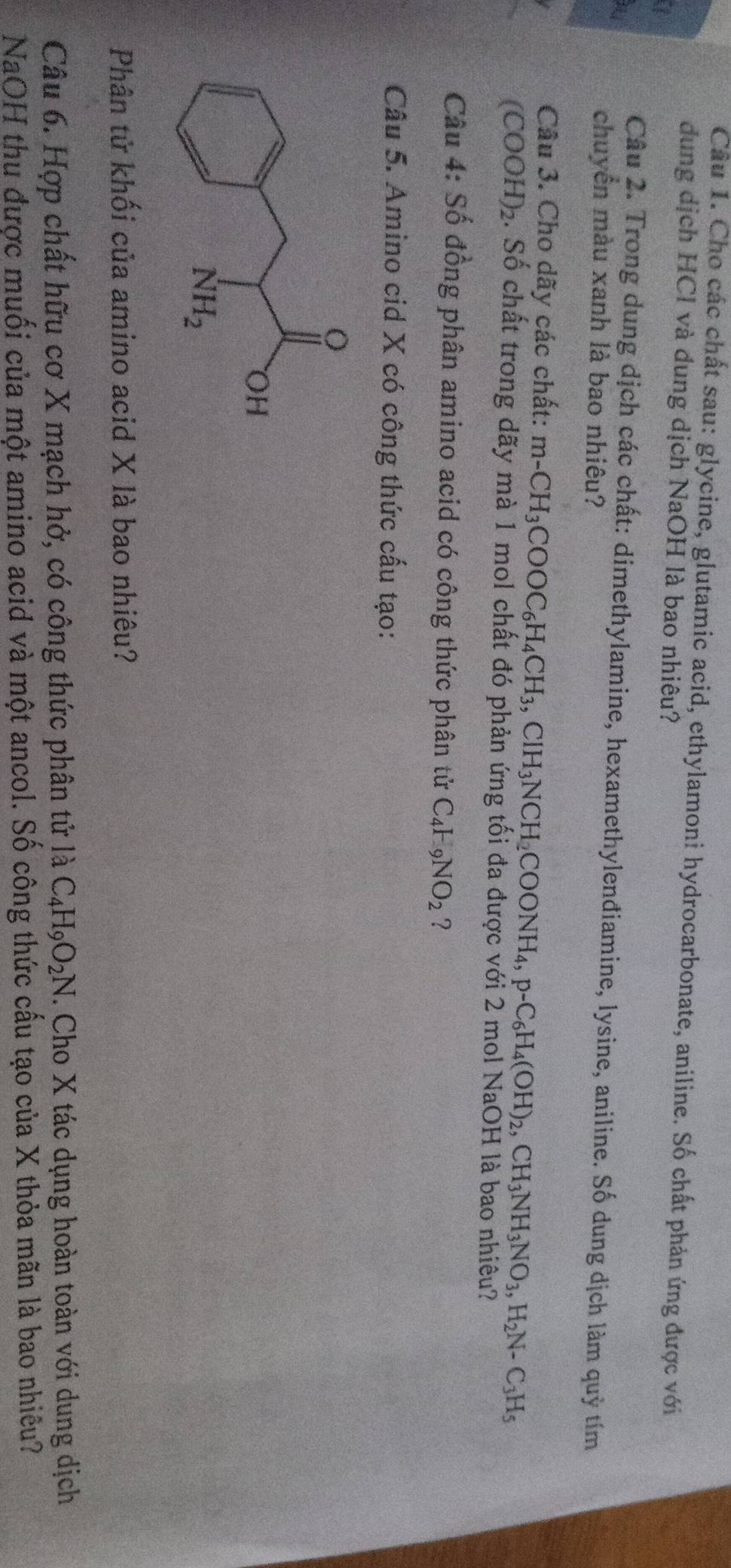 Cho các chất sau: glycine, glutamic acid, ethylamoni hydrocarbonate, aniline. Số chất phản ứng được với
dung dịch HCl và dung dịch NaOH là bao nhiêu?
2
Câu 2. Trong dung dịch các chất: dimethylamine, hexamethylenđiamine, lysine, aniline. Số dung dịch làm quỳ tím
chuyền màu xanh là bao nhiêu?
Câu 3. Cho dãy các chất: m-CH_3COOC_6H_4CH_3,ClH_3NCH_2COONH_4,p-C_6H_4(OH)_2,CH_3NH_3NO_3,H_2N-C_3H_5
(COOH)₂. Số chất trong dãy mà 1 mol chất đó phản ứng tối đa được với 2 mol NaOH là bao nhiêu?
Câu 4: Số đồng phân amino acid có công thức phân tử C_4H_9NO_2 ?
Câu 5. Amino cid X có công thức cấu tạo:
Phân tử khối của amino acid X là bao nhiêu?
Câu 6. Hợp chất hữu cơ X mạch hở, có công thức phân tử là C_4H_9O_2N. Cho X tác dụng hoàn toàn với dung dịch
NaOH thu được muối của một amino acid và một ancol. Số công thức cấu tạo của X thỏa mãn là bao nhiêu?