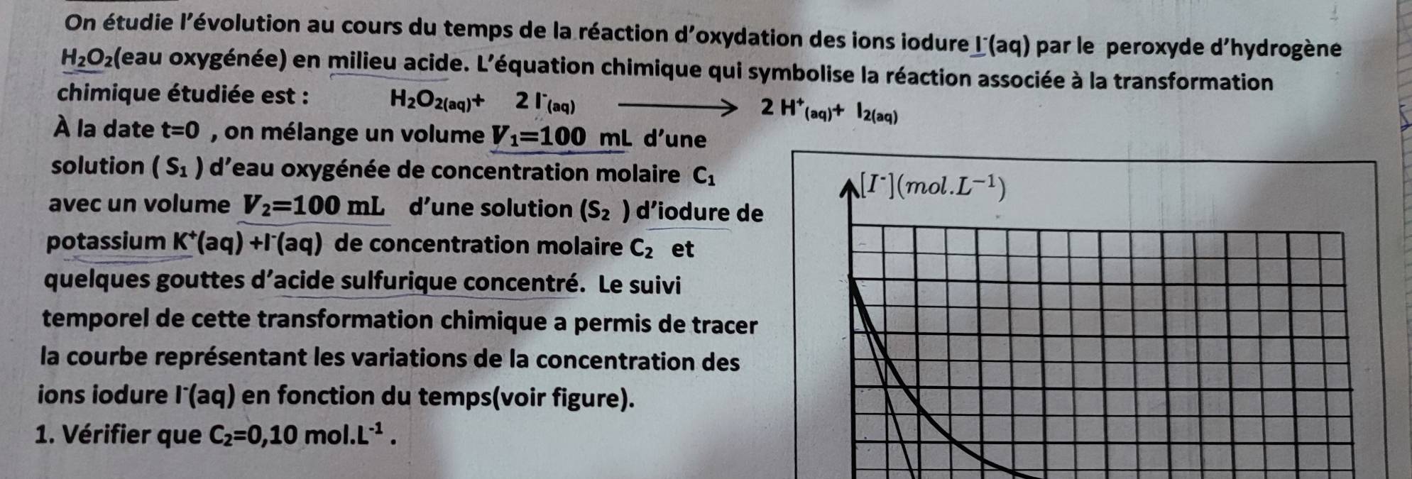 On étudie l'évolution au cours du temps de la réaction d'oxydation des ions iodure l^-(aq) )  par le peroxyde d'hydrogène
H_2O_2 (eau oxygénée) en milieu acide. L'équation chimique qui symbolise la réaction associée à la transformation
chimique étudiée est :
H_2O_2(aq)+2I^-_(aq) to 2H^+(aq)+I_2(aq)
À la date t=0 , on mélange un volume V_1=100mL d’une
solution (S_1) d'eau oxygénée de concentration molaire C_1
avec un volume V_2=100mL d’une solution (S_2) d'iodure de
potassium K^+(aq)+I^-(aq) de concentration molaire C_2 et
quelques gouttes d’acide sulfurique concentré. Le suivi
temporel de cette transformation chimique a permis de tracer
la courbe représentant les variations de la concentration des
ions iodure I˙(aq) en fonction du temps(voir figure).
1. Vérifier que C_2=0,10mol.L^(-1).