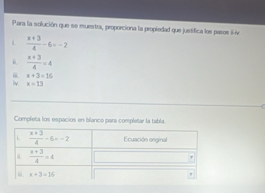 Para la solución que se muestra, proporciona la propiedad que justifica los pasos il-iv
i.  (x+3)/4 -6=-2
ⅱ.  (x+3)/4 =4
ⅲ. x+3=16
iv. x=13
Completa los espacios en blanco para completar la tabla.