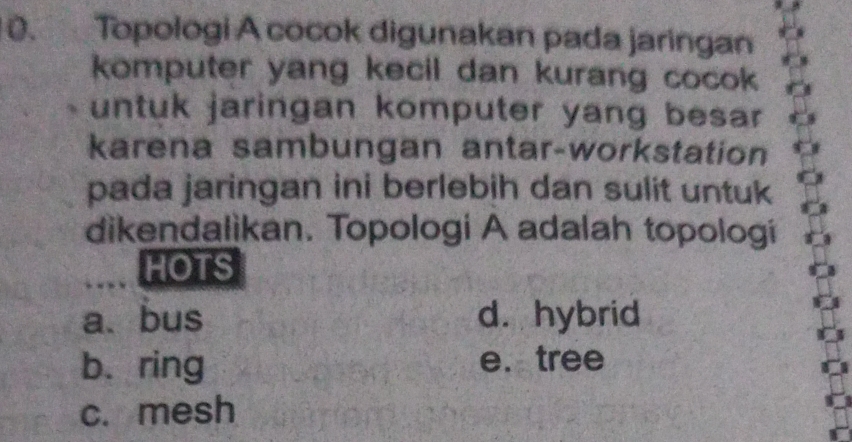 Topologi A cocok digunakan pada jaringan
komputer yang kecil dan kurang cocok
untuk jaringan komputer yang besar
karena sambungan antar-workstation
pada jaringan ini berlebih dan sulit untuk
dikendalìkan. Topologi A adalah topologi
HOTS
a. bus d. hybrid
b. ring e. tree
c. mesh