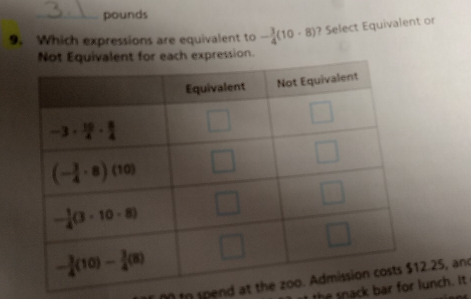 pounds
9. Which expressions are equivalent to - 3/4 (10· 8) ? Select Equivalent or
Not Equivalent for each expression.
to spend at th2.25, and
the snack bar folunch. It