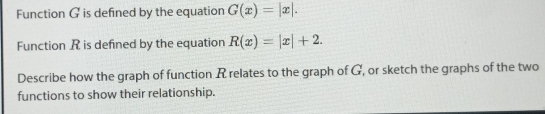 Function G is defined by the equation G(x)=|x|. 
Function R is defined by the equation R(x)=|x|+2. 
Describe how the graph of function R relates to the graph of G, or sketch the graphs of the two
functions to show their relationship.