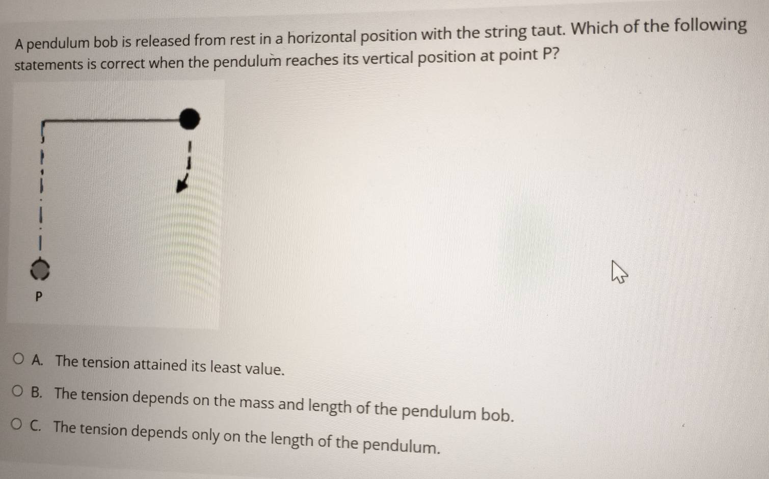 Solved: A pendulum bob is released from rest in a horizontal position ...