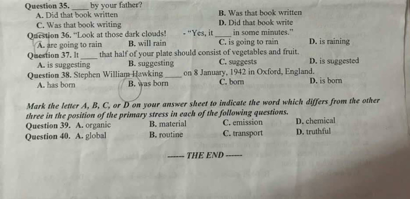 by your father?
A. Did that book written B. Was that book written
C. Was that book writing D. Did that book write
Question 36. “Look at those dark clouds! - “Yes, it _in some minutes.”
A. are going to rain B. will rain C. is going to rain D. is raining
Question 37. It _that half of your plate should consist of vegetables and fruit.
A. is suggesting B. suggesting C. suggests D. is suggested
Question 38. Stephen William Hawking_ on 8 January, 1942 in Oxford, England.
A. has born B. was born C. born D. is born
Mark the letter A, B, C, or D on your answer sheet to indicate the word which differs from the other
three in the position of the primary stress in each of the following questions.
Question 39. A. organic B. material C. emission D. chemical
Question 40. A. global B. routine C. transport D. truthful
_THE END_