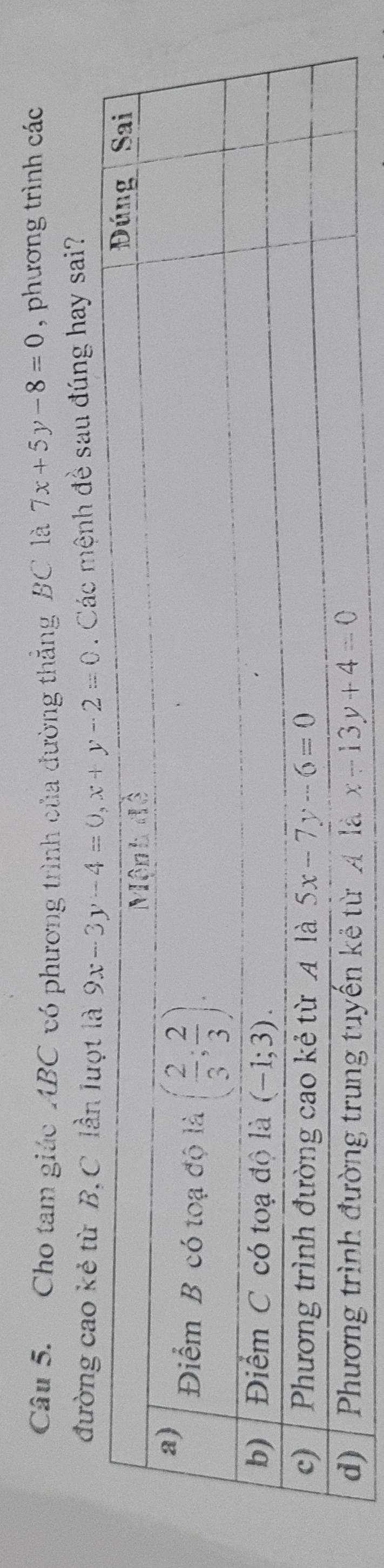 Cho tam giác ABC có phương trình của đường thắng BC là 7x+5y-8=0 , phương trình các
đường cao kác mệnh đề sau đúng hay sai?