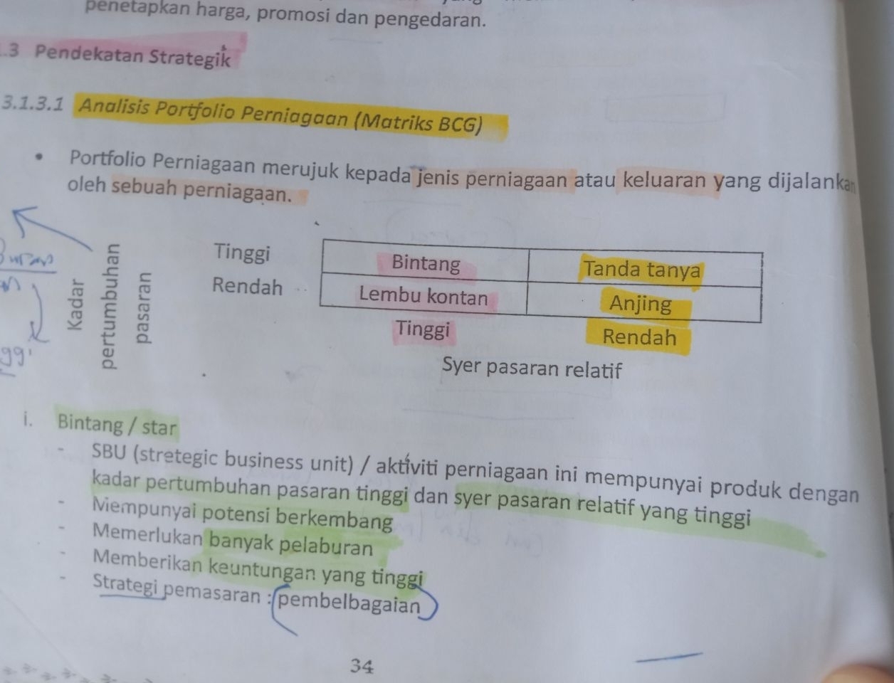 penetapkan harga, promosi dan pengedaran. 
3 Pendekatan Strategik 
3.1.3.1 Analisis Portfolio Perniagaan (Matriks BCG) 
Portfolio Perniagaan merujuk kepada jenis perniagaan atau keluaran yang dijalank 
oleh sebuah perniagaan. 
Tinggi 
。 ā 
Renda 
Syer pasaran relatif 
i. Bintang / star 
SBU (stretegic business unit) / aktiviti perniagaan ini mempunyai produk dengan 
kadar pertumbuhan pasaran tinggi dan syer pasaran relatif yang tinggi 
Mempunyai potensi berkembang 
Memerlukan banyak pelaburan 
Memberikan keuntungan yang tinggi 
Strategi pemasaran : pembelbagaian
34
_